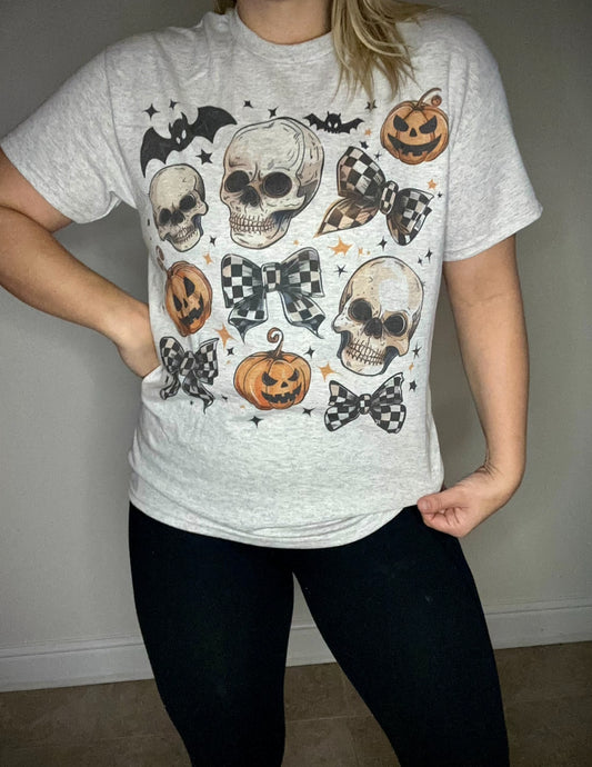 Skeleton, Bats, and Pumpkin bow tee